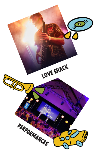 Love Shack and Performances photo stack with doodles
