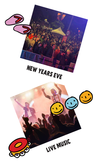 New Years Eve and Live Music photo stack with doodles
